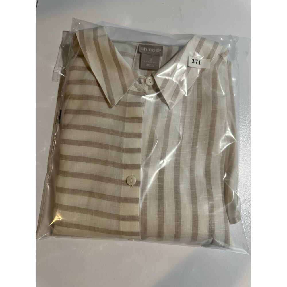 Chicos Womens Sz 2 L Beige Stripe Linen Button Up No Iron Tunic Top 3/4 Sleeve - Picture 10 of 10